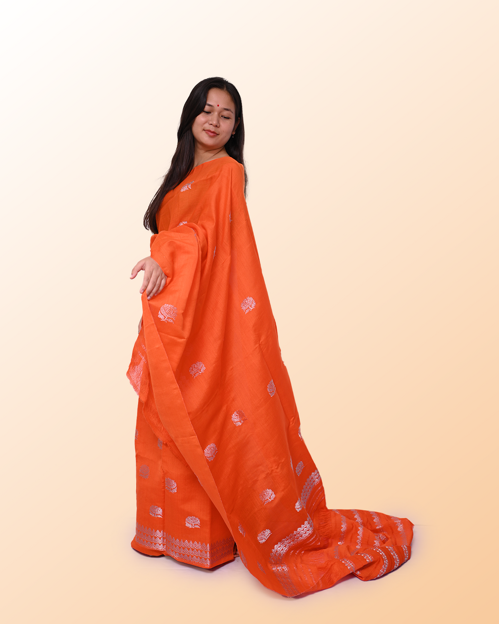 Handcrafted Orange Colored Kesapat Cotton Mekhela Sador with Unstitched Blouse Piece
