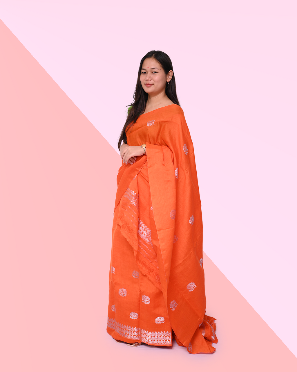 Handcrafted Orange Colored Kesapat Cotton Mekhela Sador with Unstitched Blouse Piece