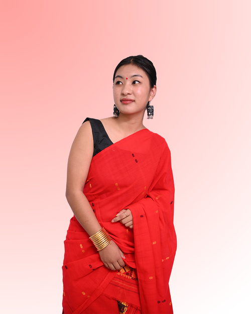 Hand-crafted Ready to Wear – Bold Red Padmini Cotton Mekhela Sador with Traditional Black &amp; Yellow Motifs and Unstitched Blouse Piece