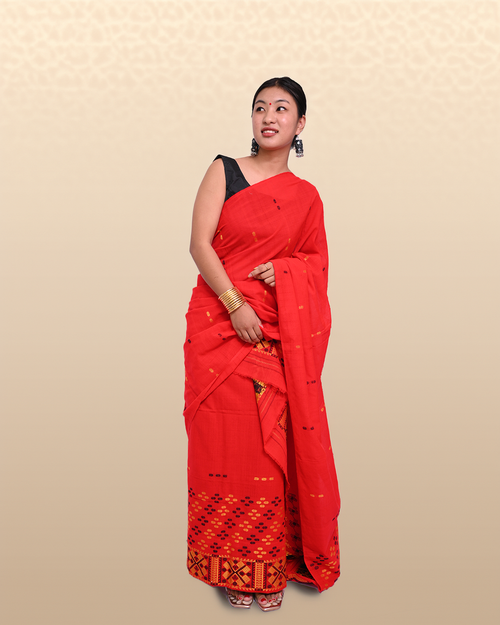 Hand-crafted Ready to Wear – Bold Red Padmini Cotton Mekhela Sador with Traditional Black &amp; Yellow Motifs and Unstitched Blouse Piece