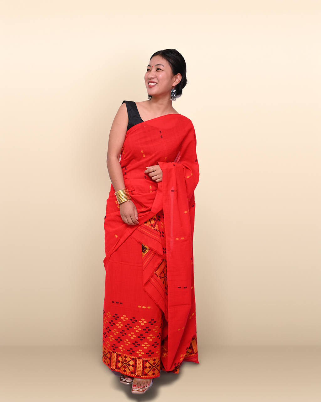 Hand-crafted Ready to Wear – Bold Red Padmini Cotton Mekhela Sador with Traditional Black &amp; Yellow Motifs and Unstitched Blouse Piece
