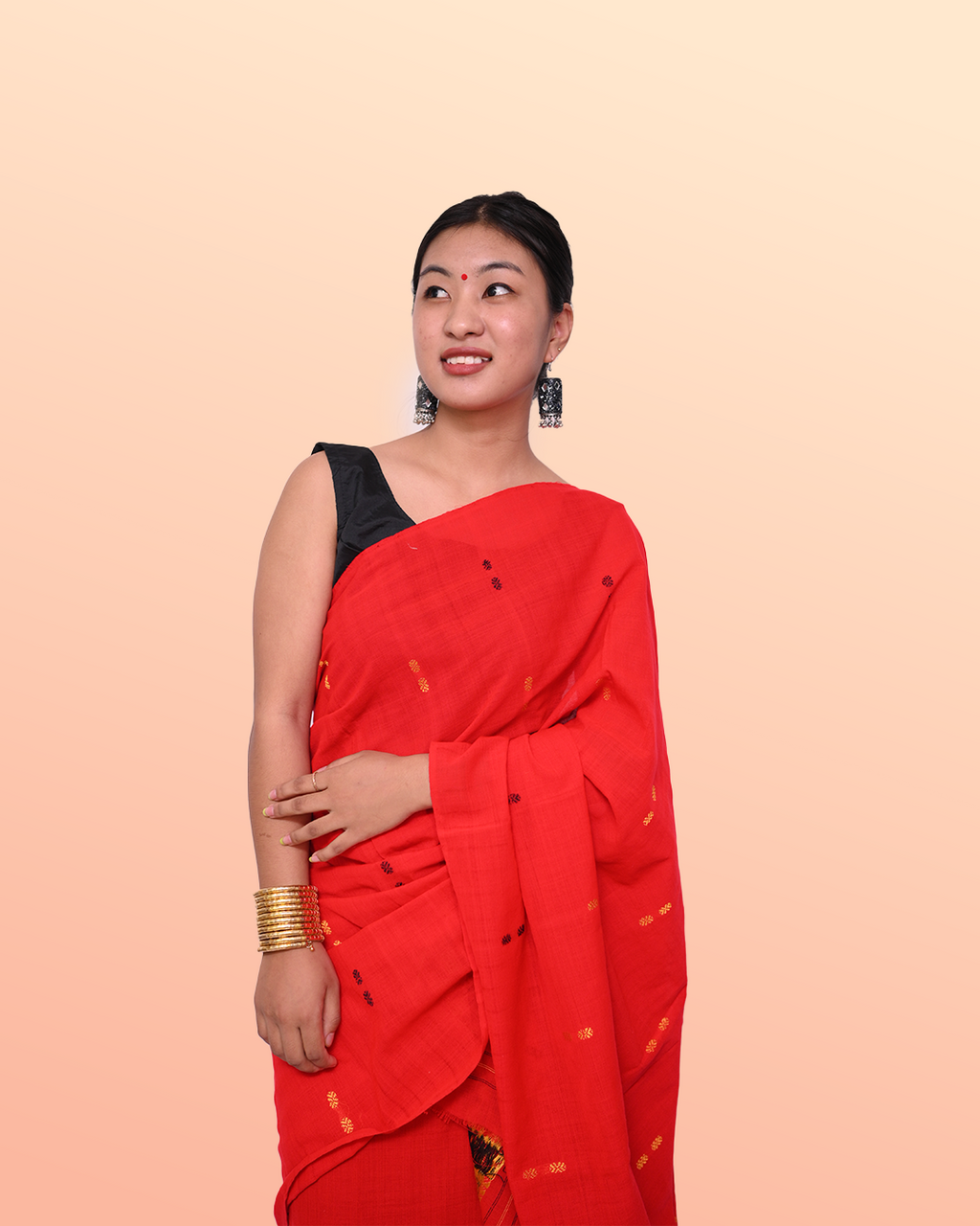 Hand-crafted Ready to Wear – Bold Red Padmini Cotton Mekhela Sador with Traditional Black &amp; Yellow Motifs and Unstitched Blouse Piece