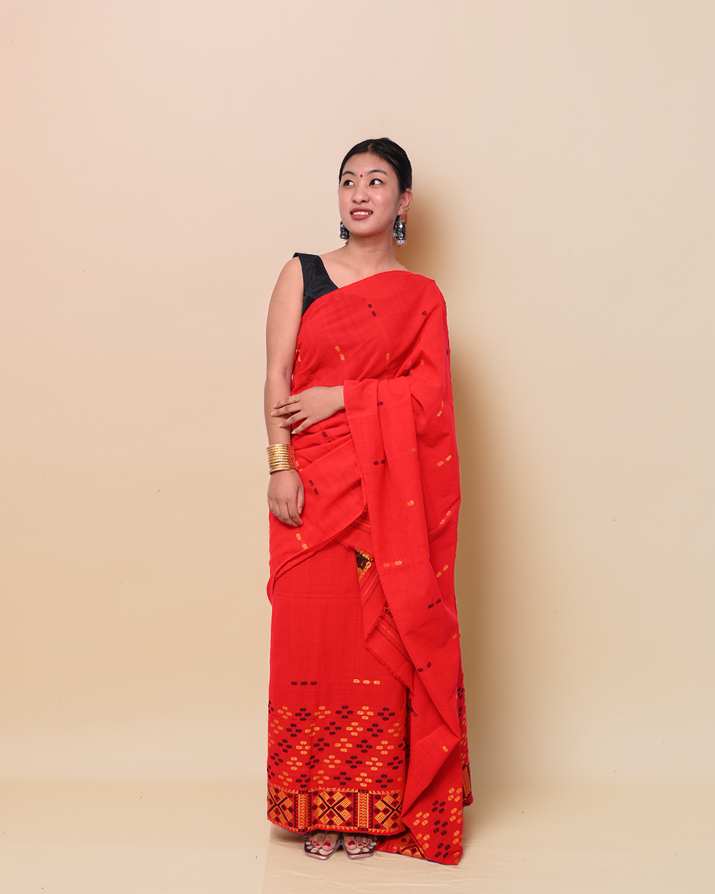 Hand-crafted Ready to Wear – Bold Red Padmini Cotton Mekhela Sador with Traditional Black &amp; Yellow Motifs and Unstitched Blouse Piece