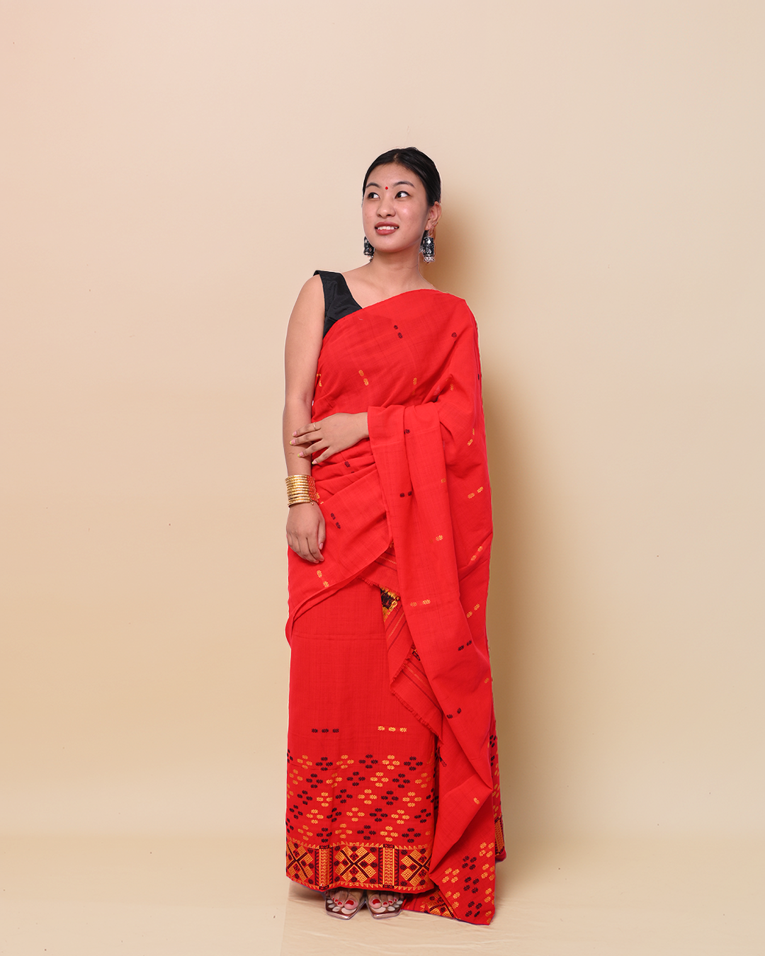 Hand-crafted Ready to Wear – Bold Red Padmini Cotton Mekhela Sador with Traditional Black &amp; Yellow Motifs and Unstitched Blouse Piece