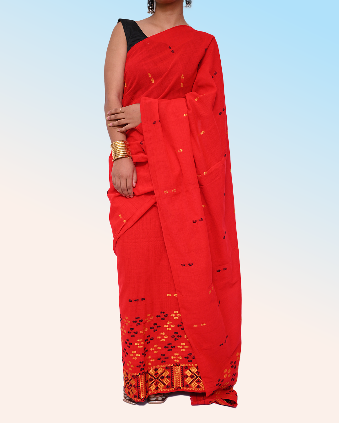 Hand-crafted Ready to Wear – Bold Red Padmini Cotton Mekhela Sador with Traditional Black &amp; Yellow Motifs and Unstitched Blouse Piece