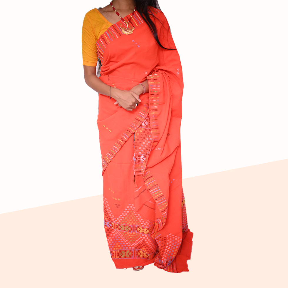 Handcrafted Orange Padmini Cotton Mising Mekhela Sador with Unstitched Blouse Piece