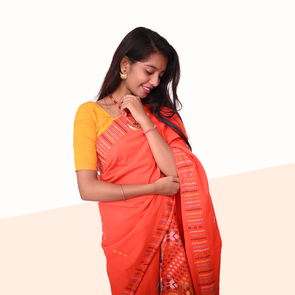 Handcrafted Orange Padmini Cotton Mising Mekhela Sador with Unstitched Blouse Piece