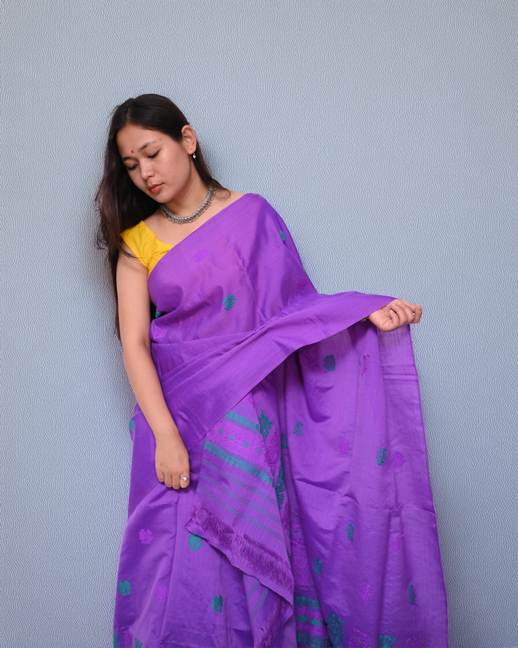 Handcrafted Royal Purple Kesapat Cotton Mekhela Sador with Unstitched Blouse Piece