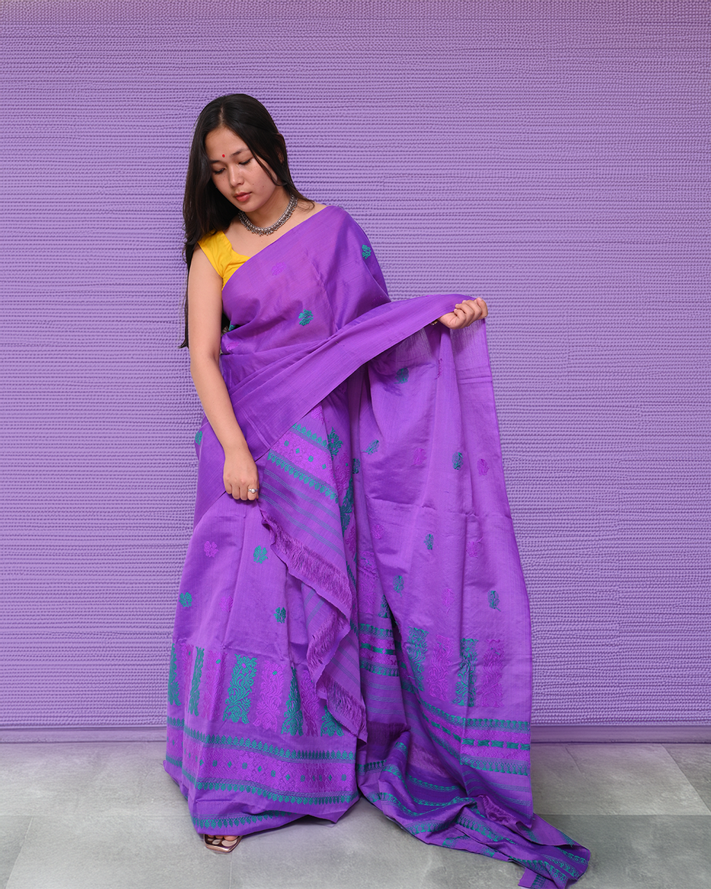 Handcrafted Royal Purple Kesapat Cotton Mekhela Sador with Unstitched Blouse Piece