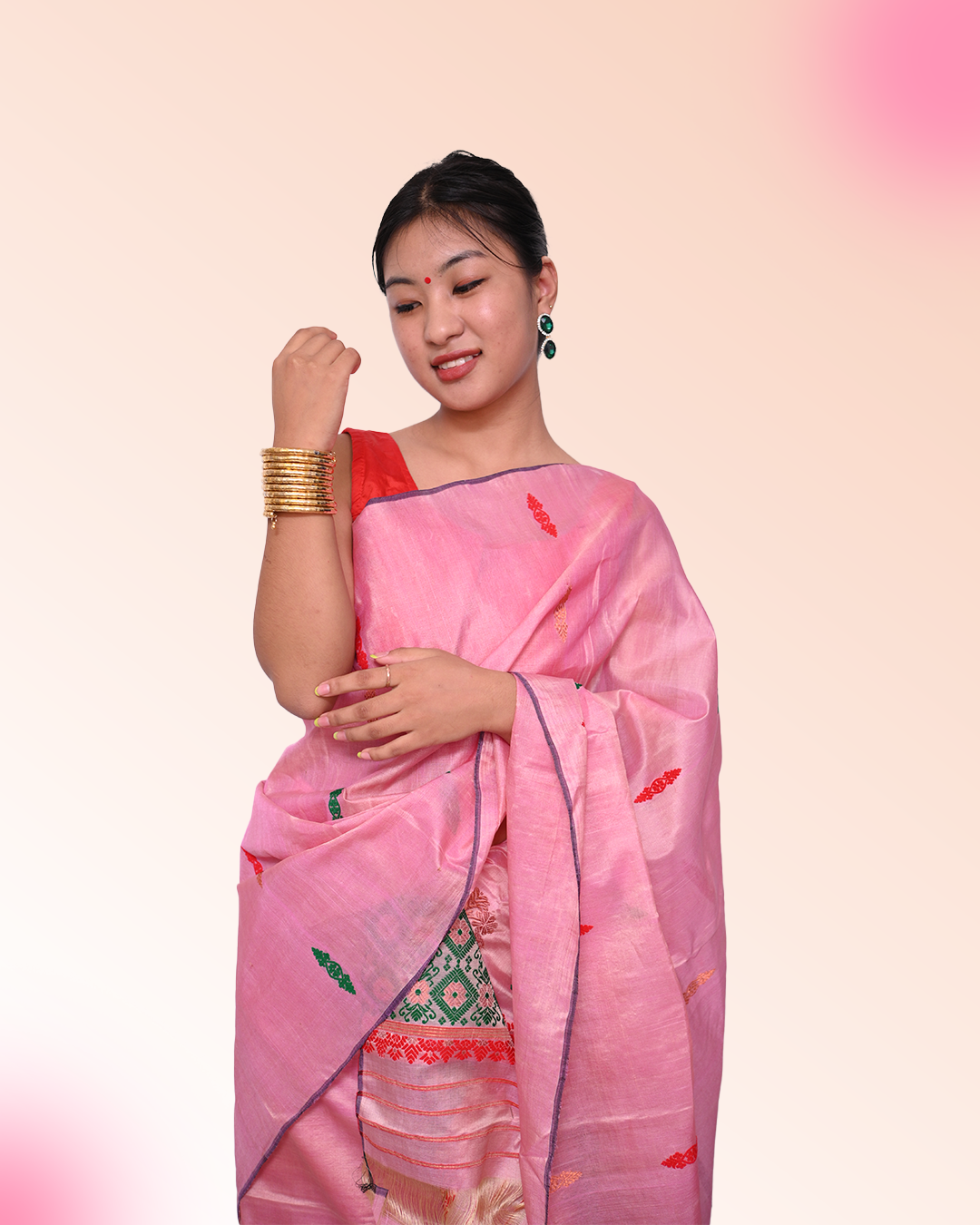 Handcrafted Pink Blended Tussar Silk Mekhela Sador with Unstitched Blouse Piece