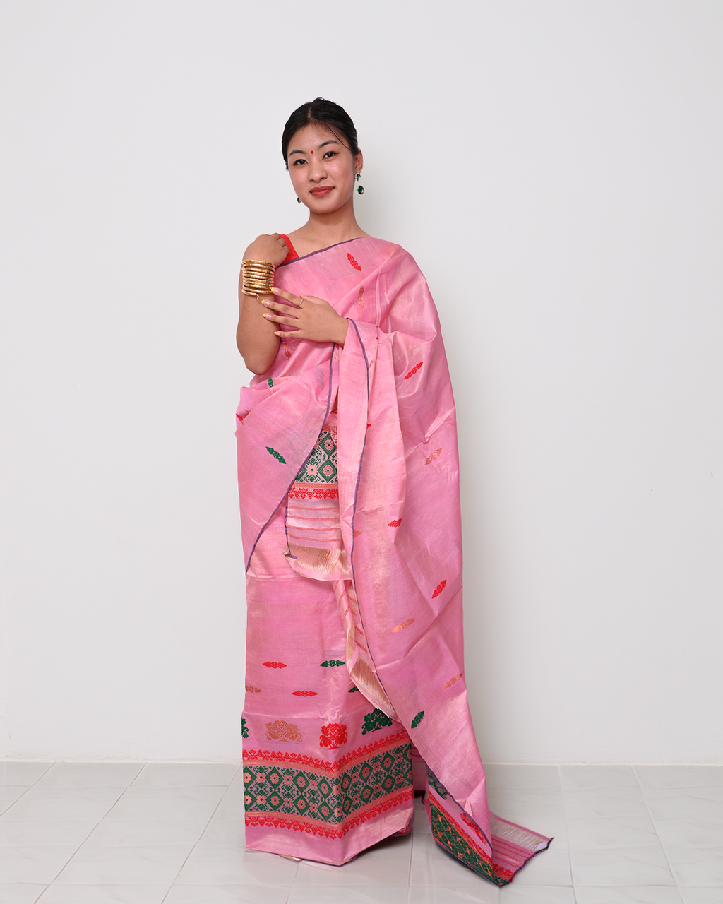 Handcrafted Pink Blended Tussar Silk Mekhela Sador with Unstitched Blouse Piece