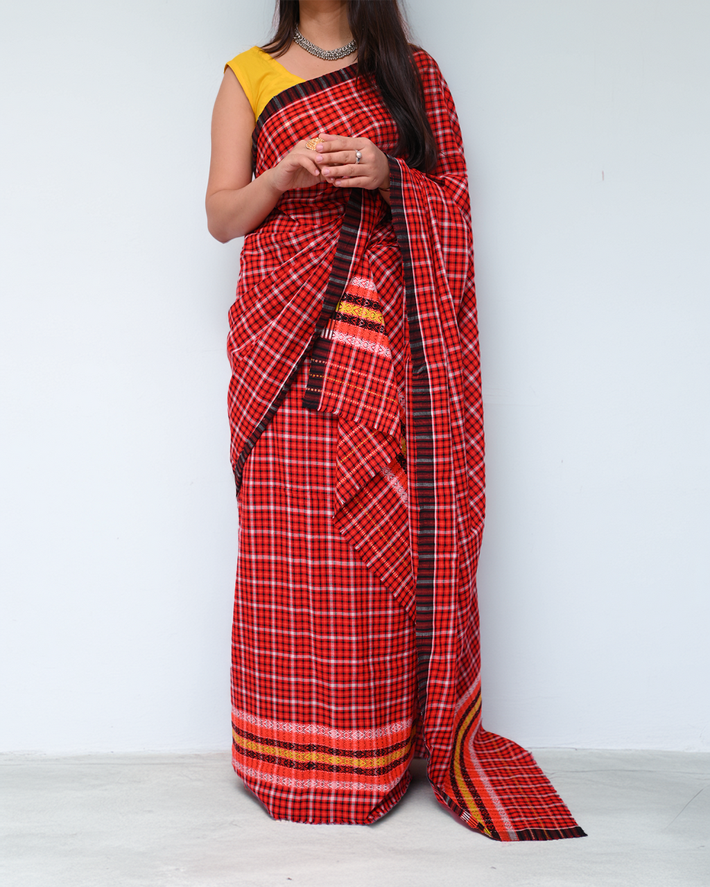 Ready to Wear – Handcrafted Pajok Jura Red &amp; Maroon Padmini Cotton Mekhela Sador with Unstitched Blouse