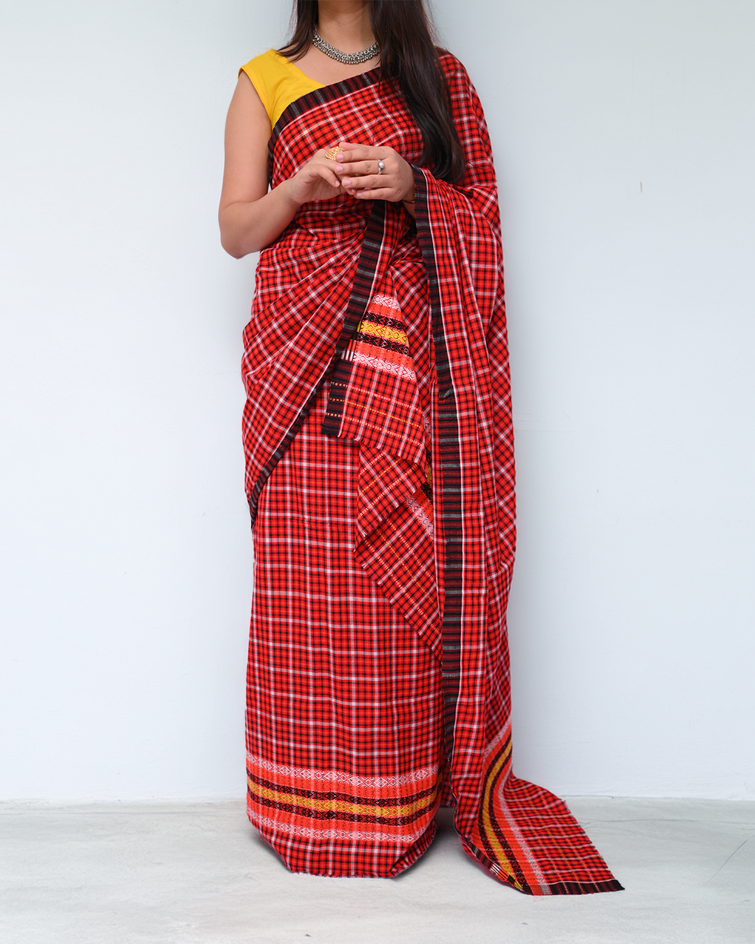 Ready to Wear – Handcrafted Pajok Jura Red &amp; Maroon Padmini Cotton Mekhela Sador with Unstitched Blouse