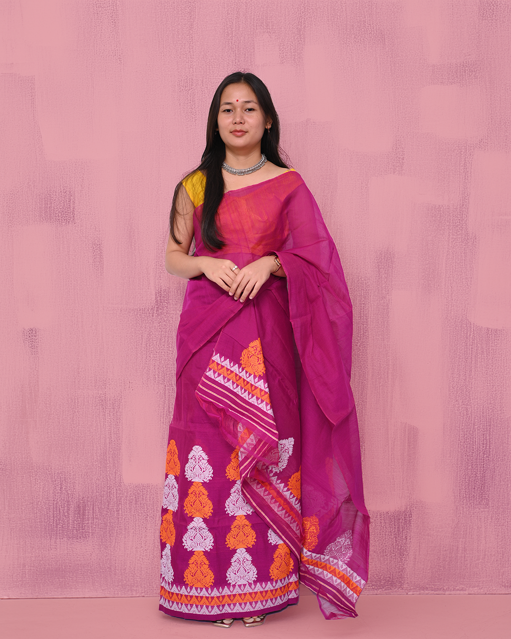 Handcrafted Majenta-Purple Staple Cotton Mekhela Sador with Unstitched Blouse Piece