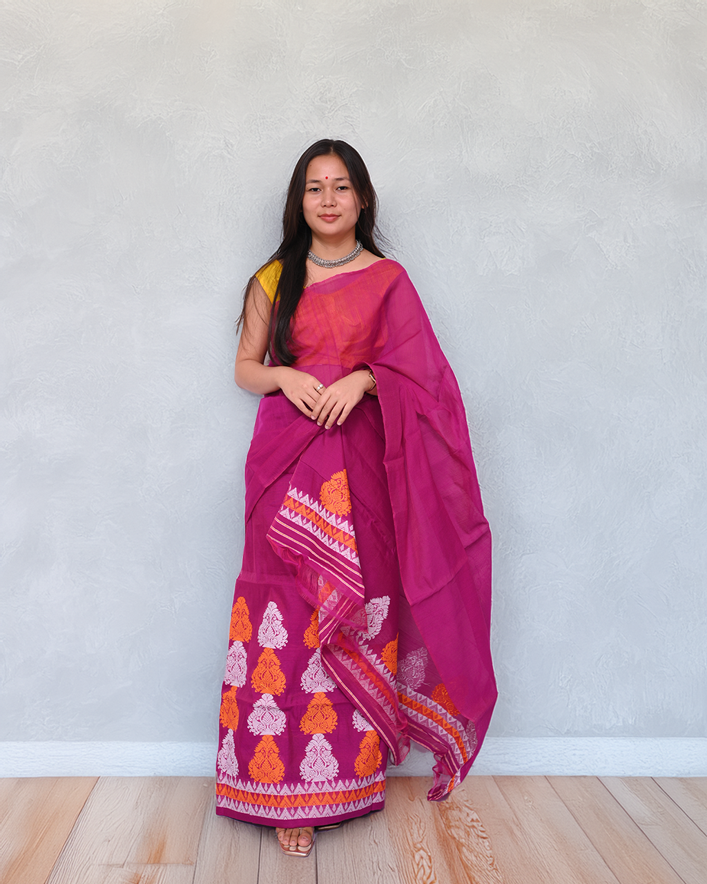 Handcrafted Majenta-Purple Staple Cotton Mekhela Sador with Unstitched Blouse Piece