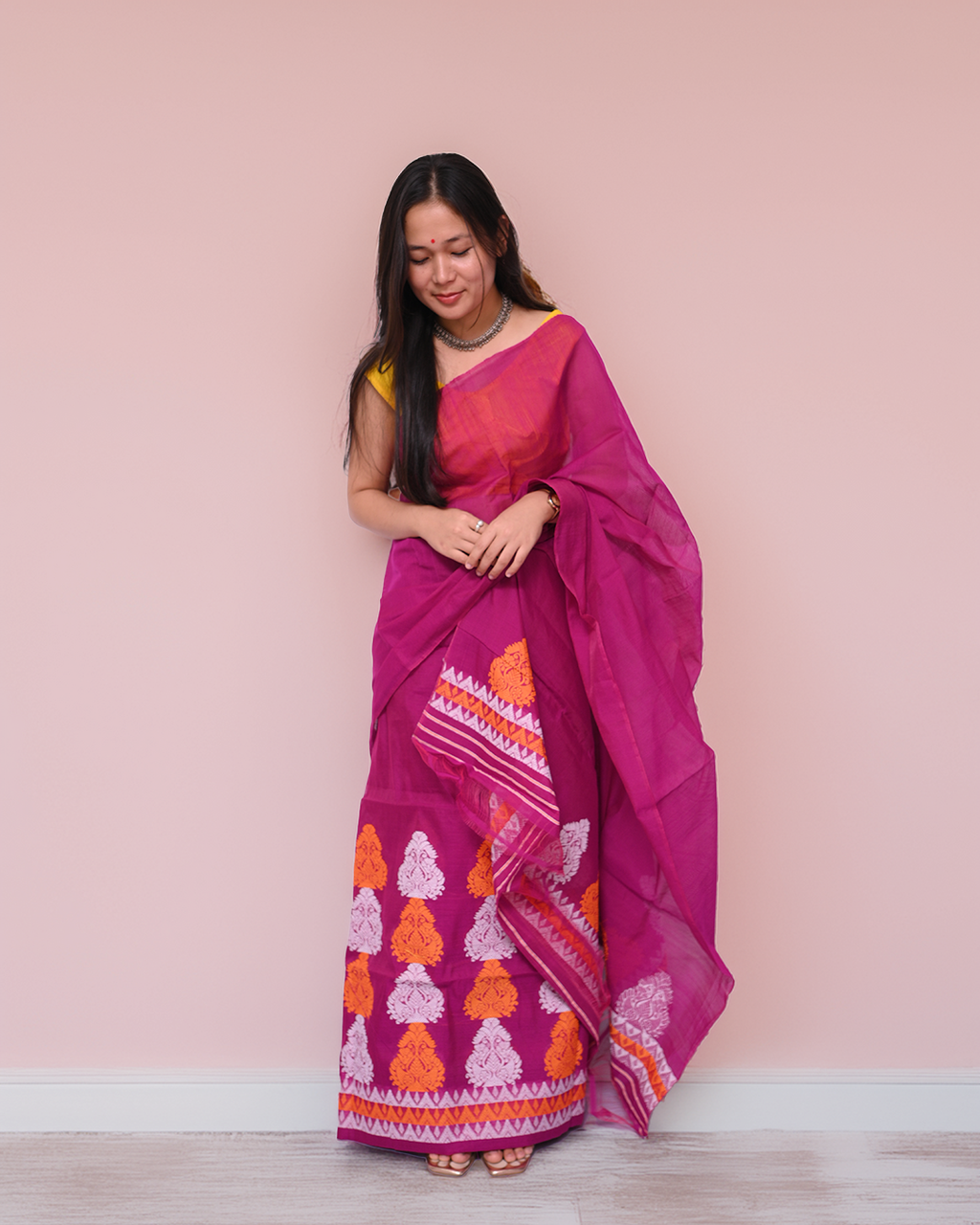 Handcrafted Majenta-Purple Staple Cotton Mekhela Sador with Unstitched Blouse Piece