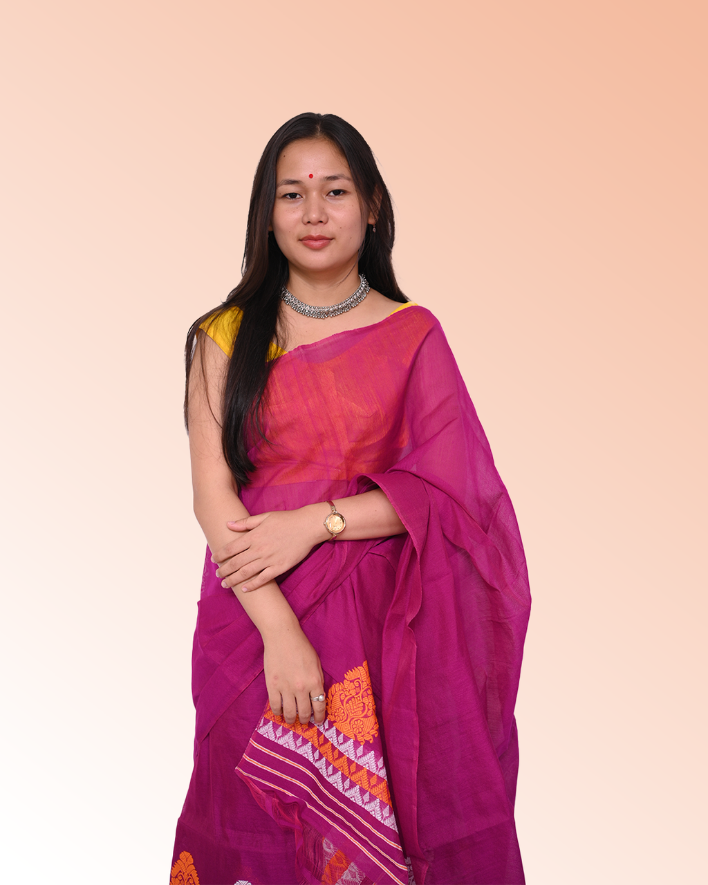 Handcrafted Majenta-Purple Staple Cotton Mekhela Sador with Unstitched Blouse Piece