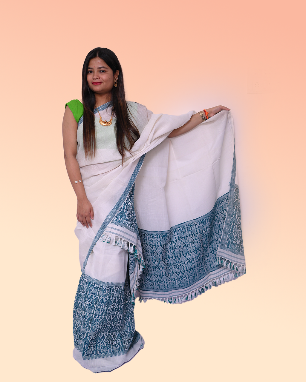 Handcrafted White Pure Cotton Mekhela Sador with Unstitched Blouse Piece