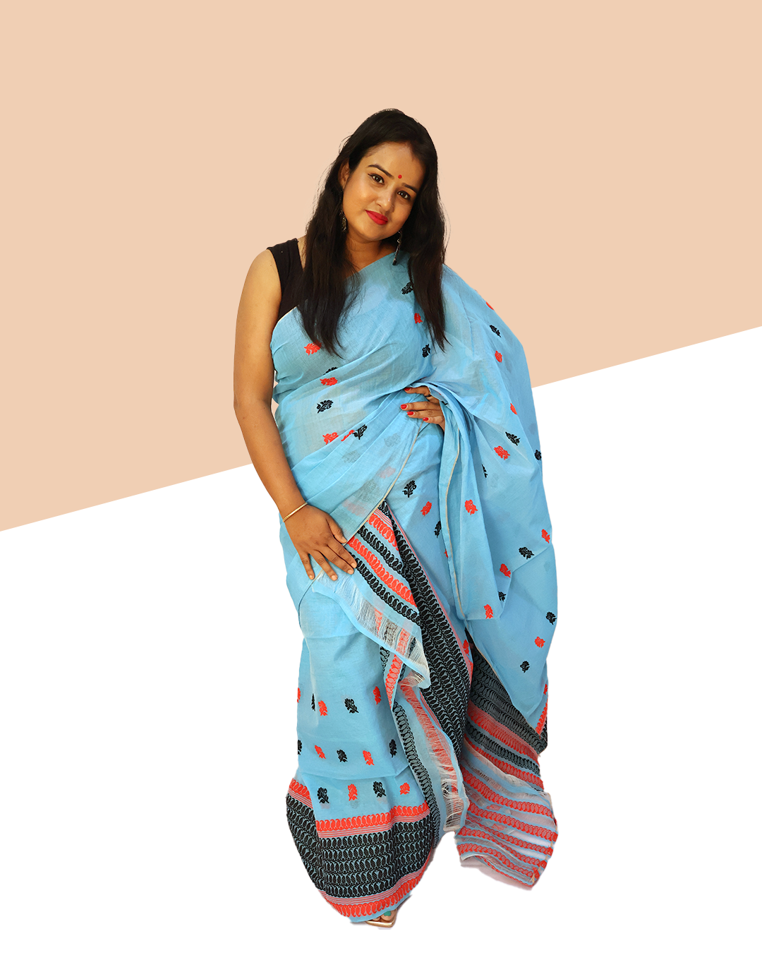 Handcrafted Light Blue Wash Cotton Mekhela Sador with Unstitched Blouse Piece