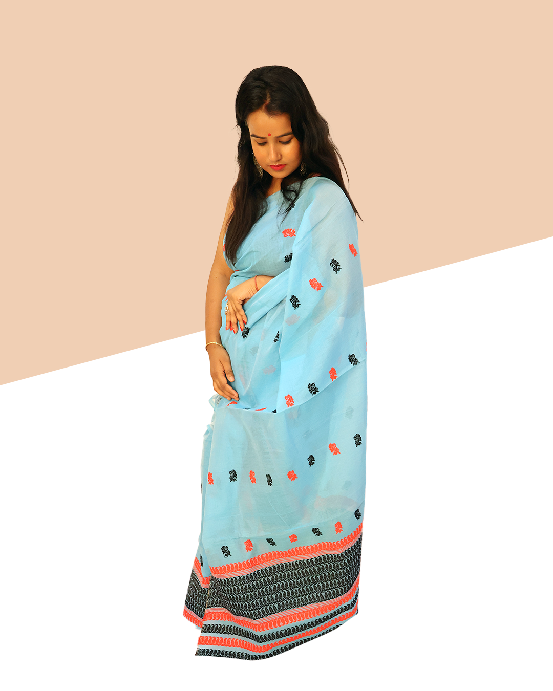 Handcrafted Light Blue Wash Cotton Mekhela Sador with Unstitched Blouse Piece