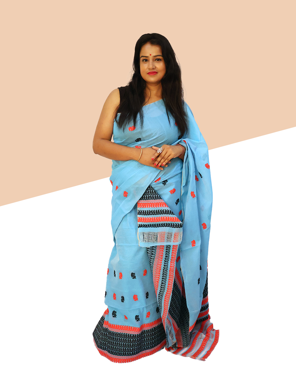 Handcrafted Light Blue Wash Cotton Mekhela Sador with Unstitched Blouse Piece