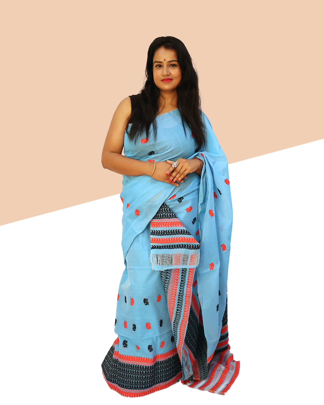 Handcrafted Light Blue Wash Cotton Mekhela Sador with Unstitched Blouse Piece