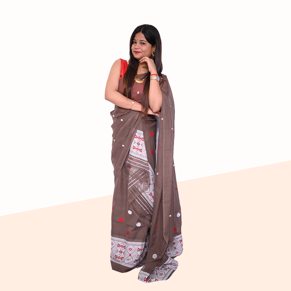 Handcrafted Light Brown Masrised Cotton Mekhela Sador with Unstitched Blouse Piece