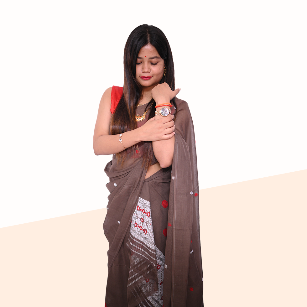 Handcrafted Light Brown Masrised Cotton Mekhela Sador with Unstitched Blouse Piece