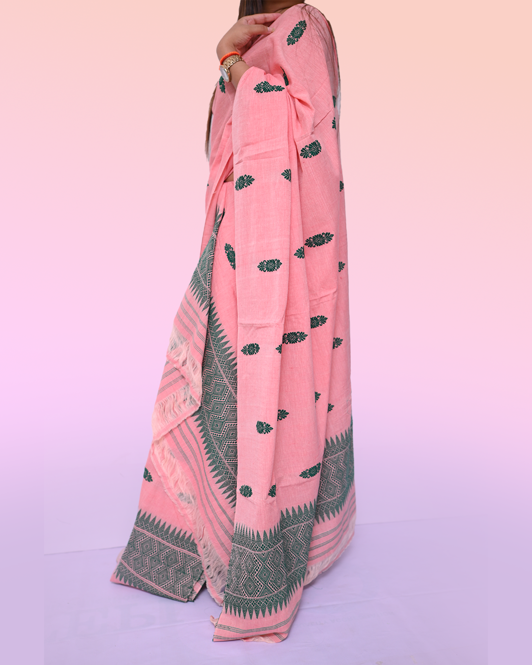 Handcrafted Muted Pink Masrised Cotton Mekhela Sador with Unstitched Blouse Piece