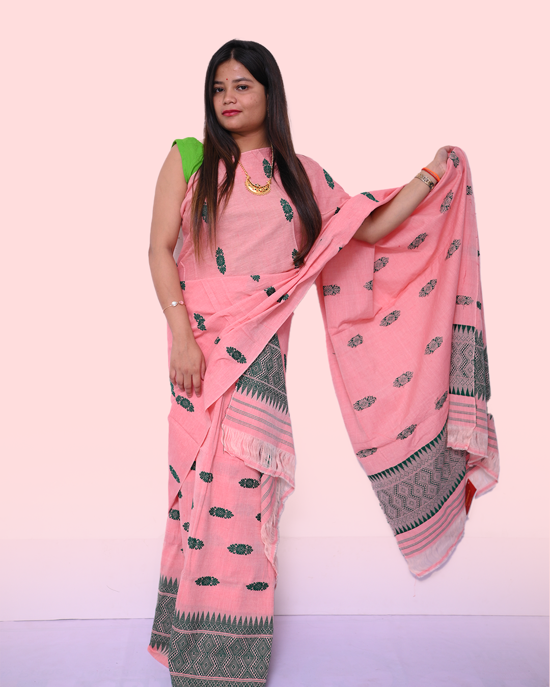Handcrafted Muted Pink Masrised Cotton Mekhela Sador with Unstitched Blouse Piece