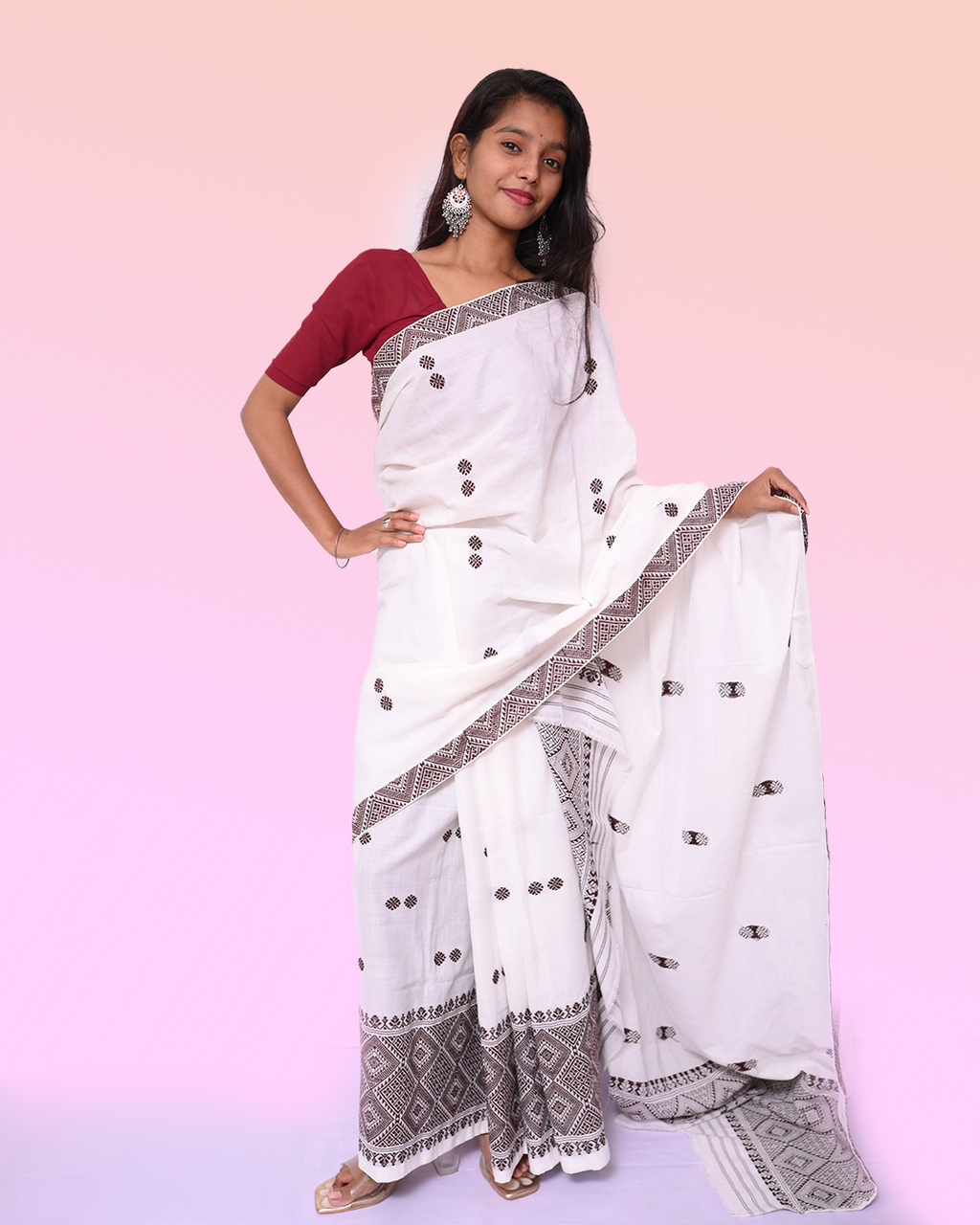 Handcrafted White Padmini Cotton Mekhela Sador with Unstitched Blouse Piece