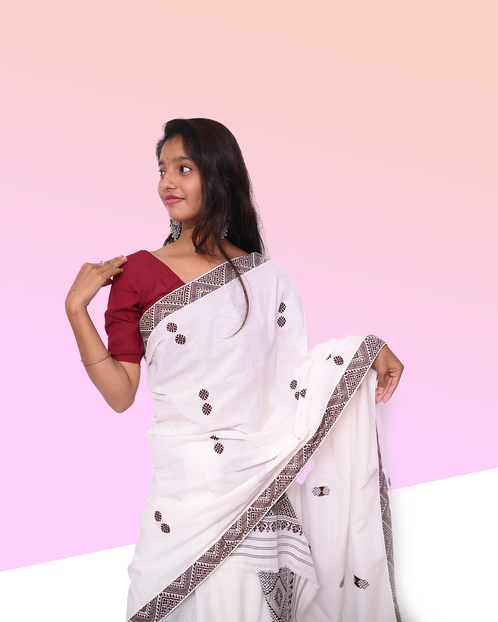 Handcrafted White Padmini Cotton Mekhela Sador with Unstitched Blouse Piece