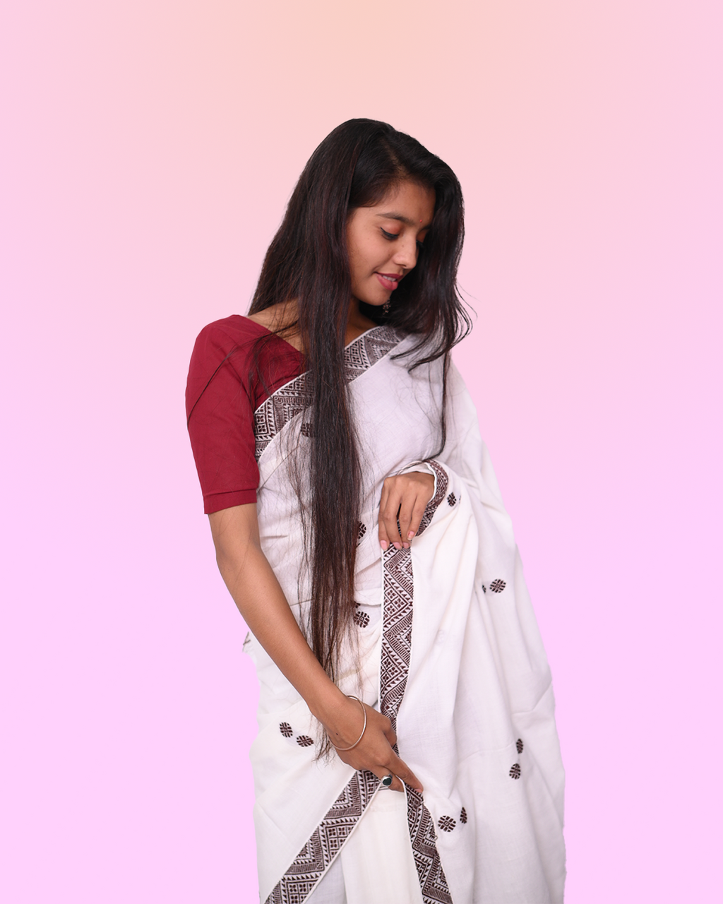Handcrafted White Padmini Cotton Mekhela Sador with Unstitched Blouse Piece