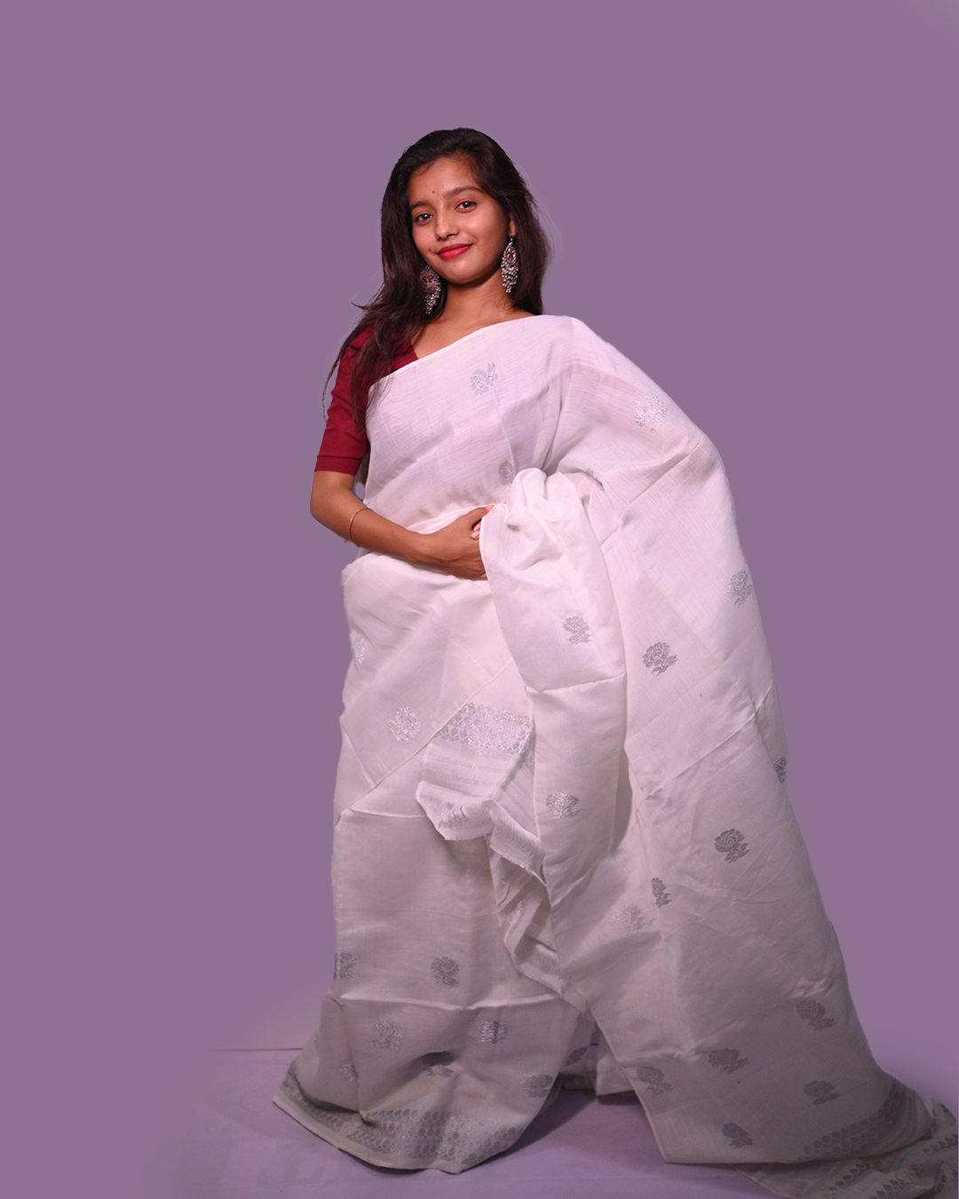 Handcrafted White Colored Kesapat Cotton Mekhela Sador with Unstitched Blouse Piece
