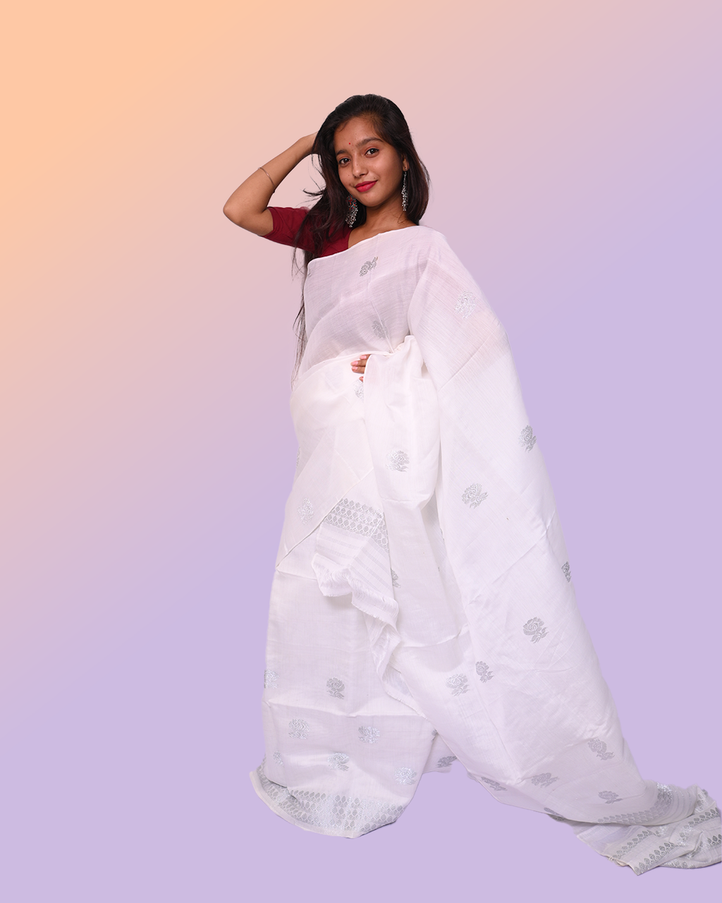 Handcrafted White Colored Kesapat Cotton Mekhela Sador with Unstitched Blouse Piece