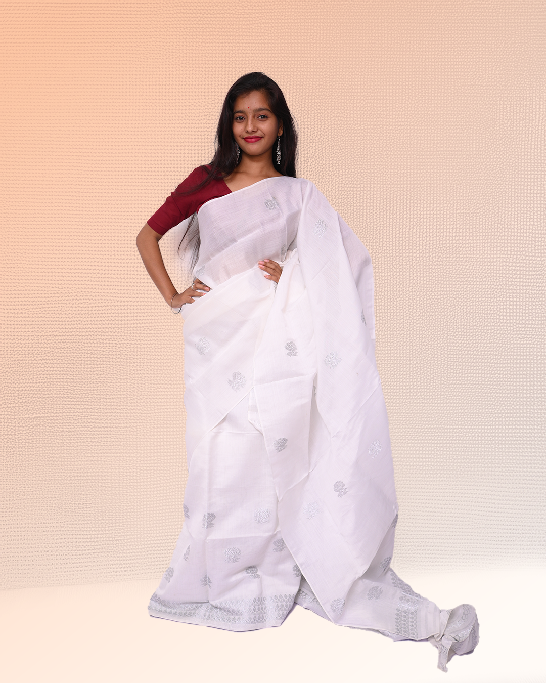 Handcrafted White Colored Kesapat Cotton Mekhela Sador with Unstitched Blouse Piece