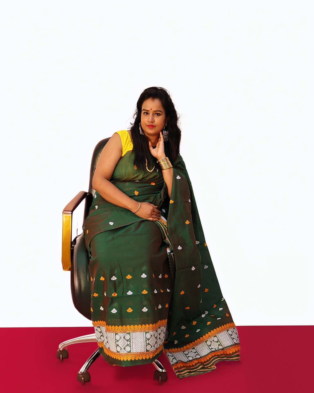 Handcrafted Emerald Green Staple Cotton Mekhela Sador – Ready-to-Wear Edition with Unstitched Blouse Piece