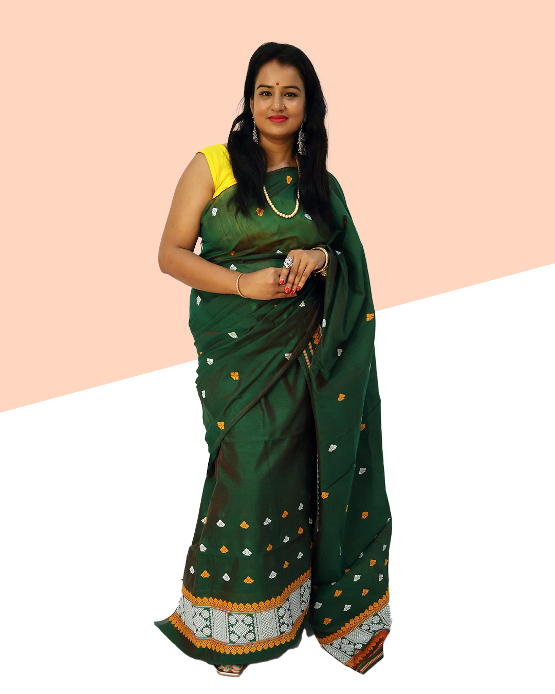 Handcrafted Emerald Green Staple Cotton Mekhela Sador – Ready-to-Wear Edition with Unstitched Blouse Piece