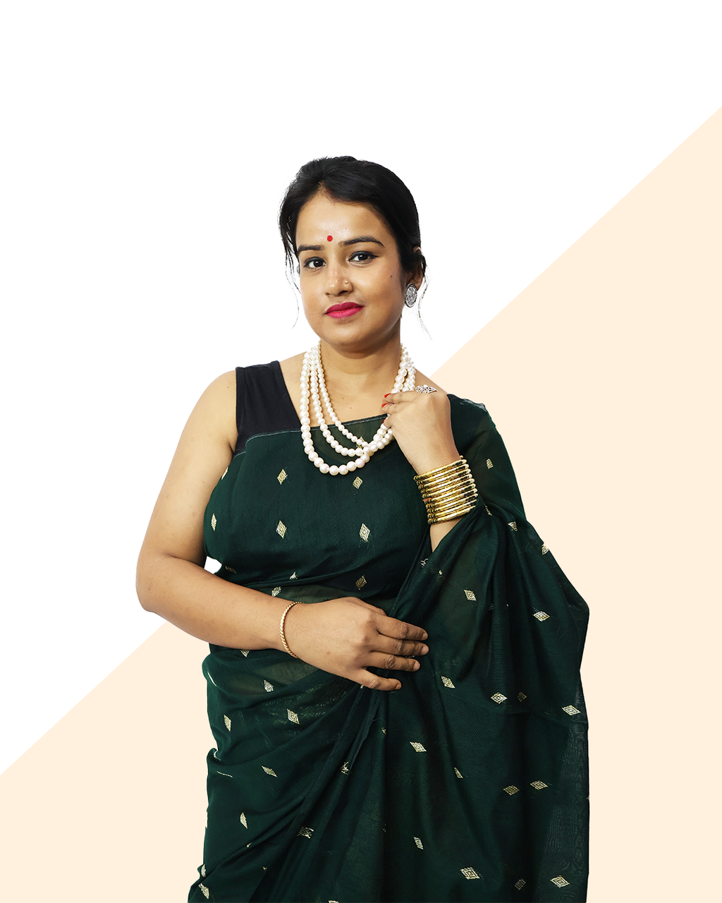 Handcrafted Deep Green Staple Cotton Mekhela Sador with Ghisha Work – Ready-to-Wear Edition with Unstitched Blouse Piece