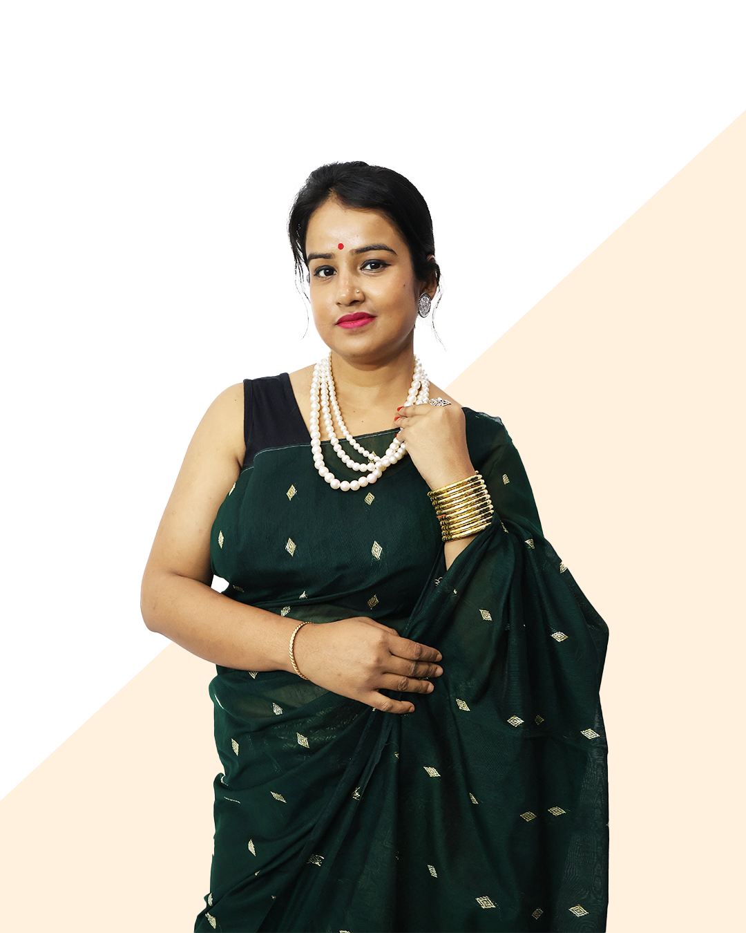 Handcrafted Deep Green Staple Cotton Mekhela Sador with Ghisha Work – Ready-to-Wear Edition with Unstitched Blouse Piece