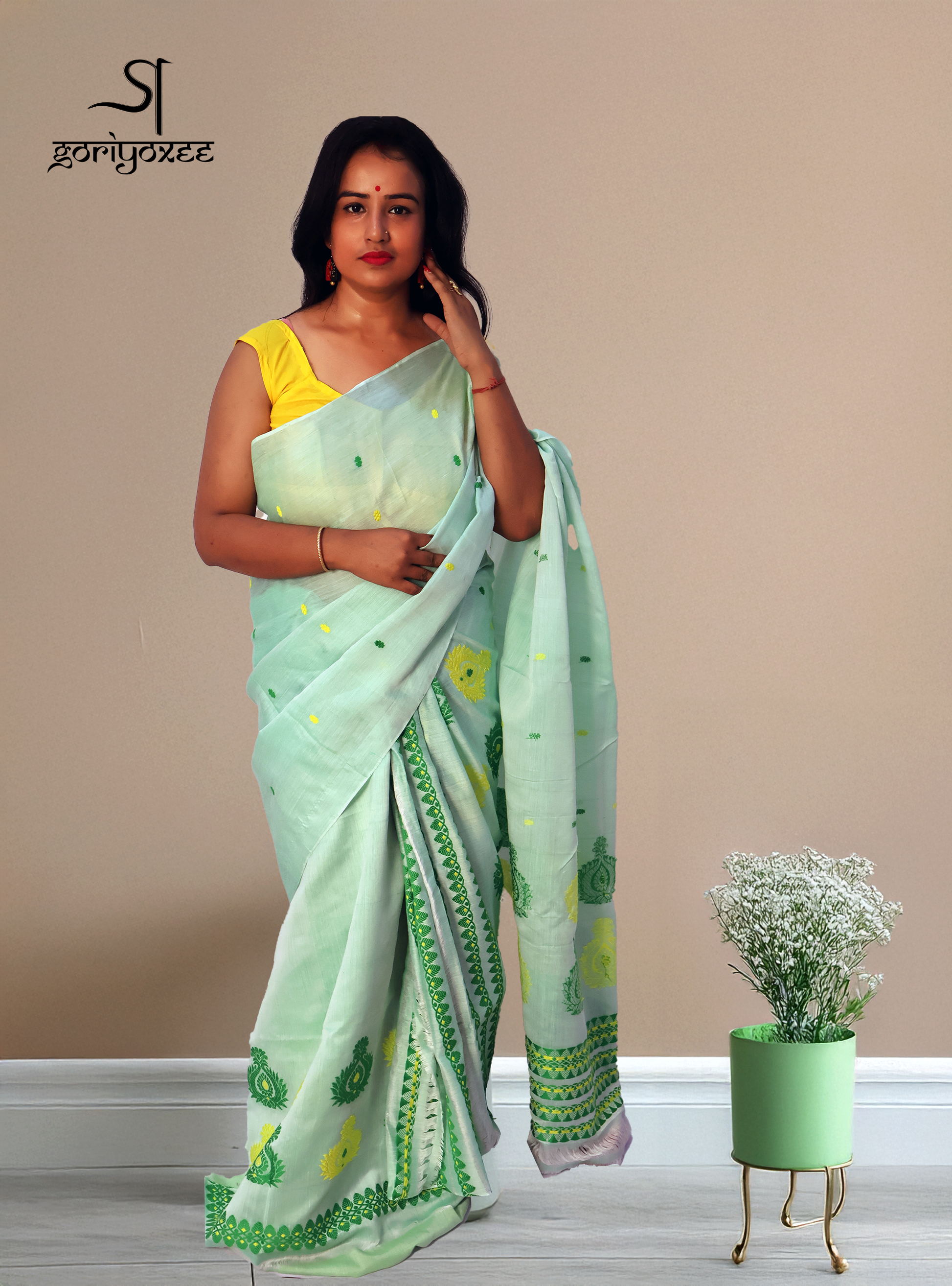 Handcrafted Light Green Kesapat Cotton Mekhela Sador with Unstitched Blouse Piece