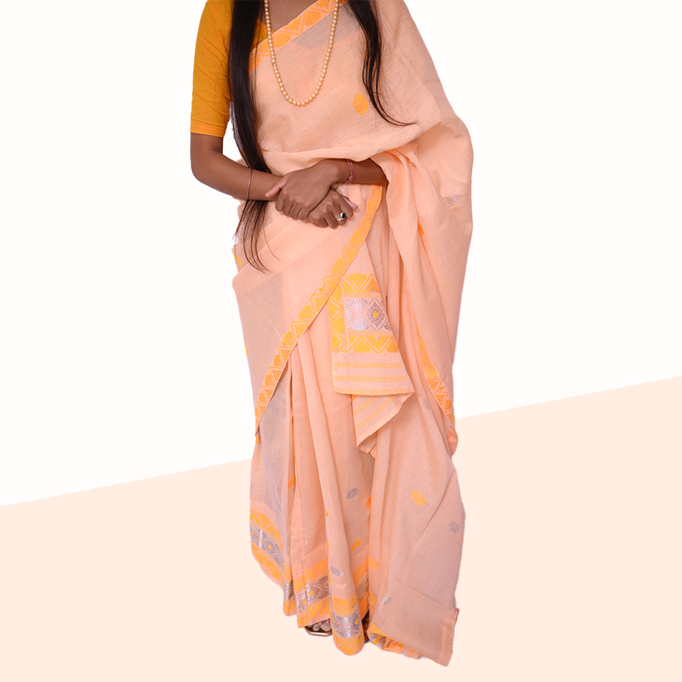 Handcrafted Peach-Colored Nuni Cotton Mekhela Sador with Unstitched Blouse Piece