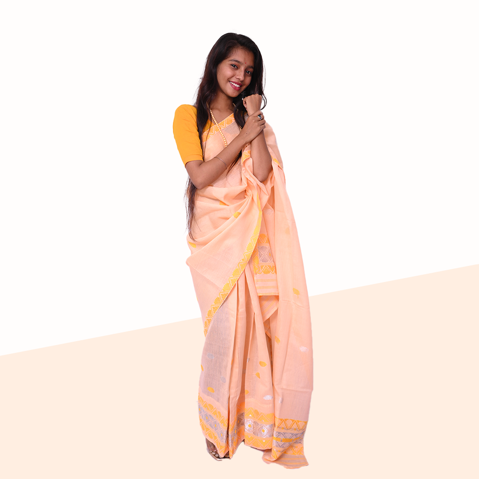 Handcrafted Peach-Colored Nuni Cotton Mekhela Sador with Unstitched Blouse Piece
