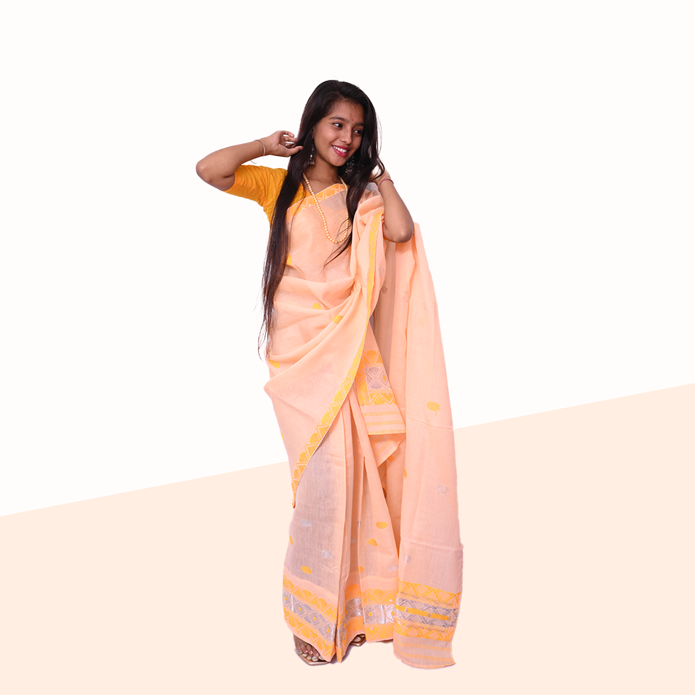 Handcrafted Peach-Colored Nuni Cotton Mekhela Sador with Unstitched Blouse Piece