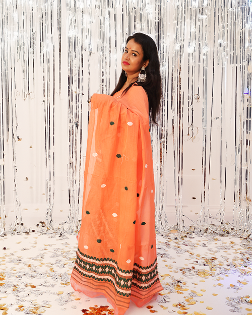 Elegant Peach Masrised Cotton Mekhela Sador –Handcrafted Ready-to-Wear Edition with Unstitched Blouse Piece