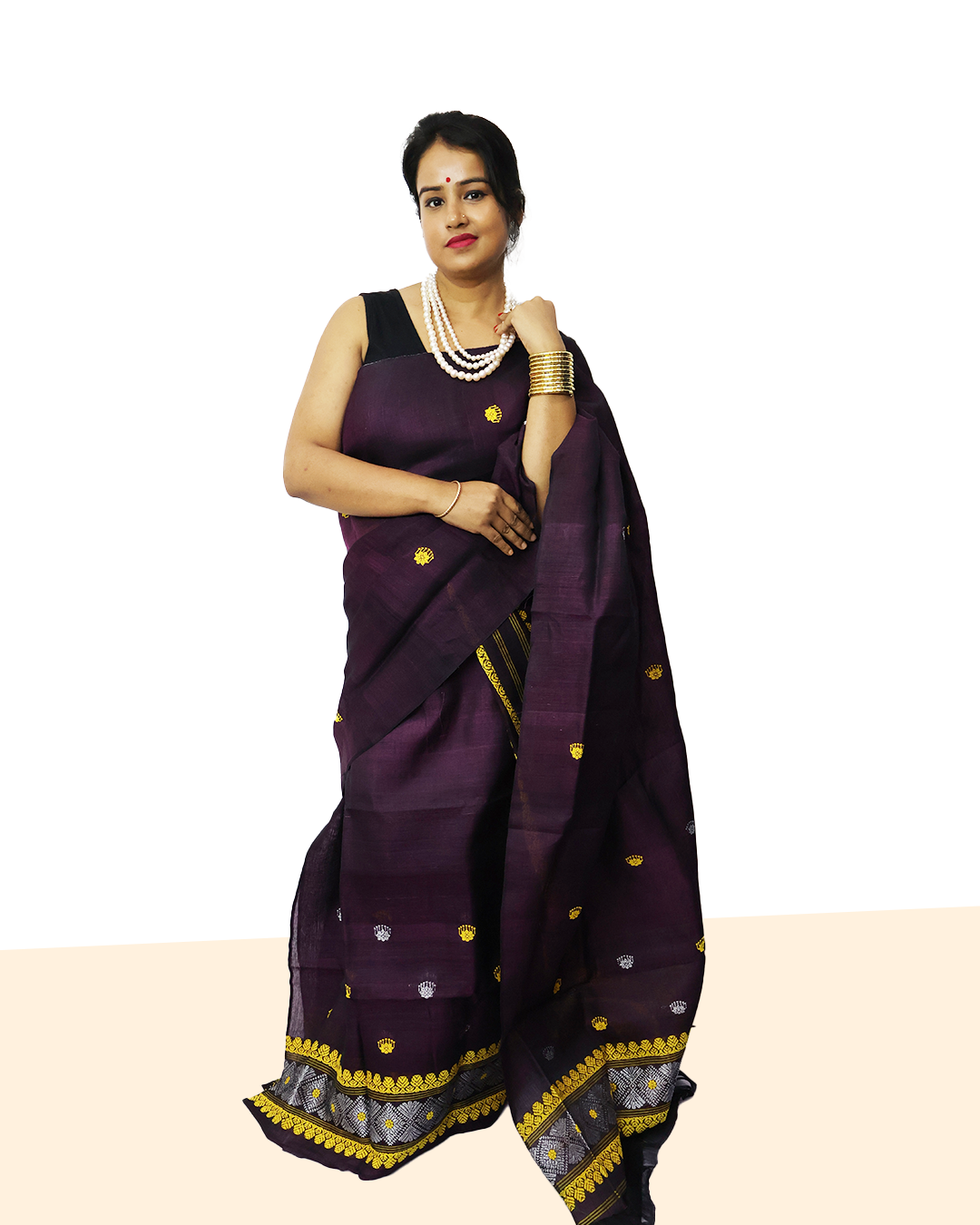 Handcrafted Dark Plum Nooni Cotton Mekhela Sador with Unstitched Blouse Piece