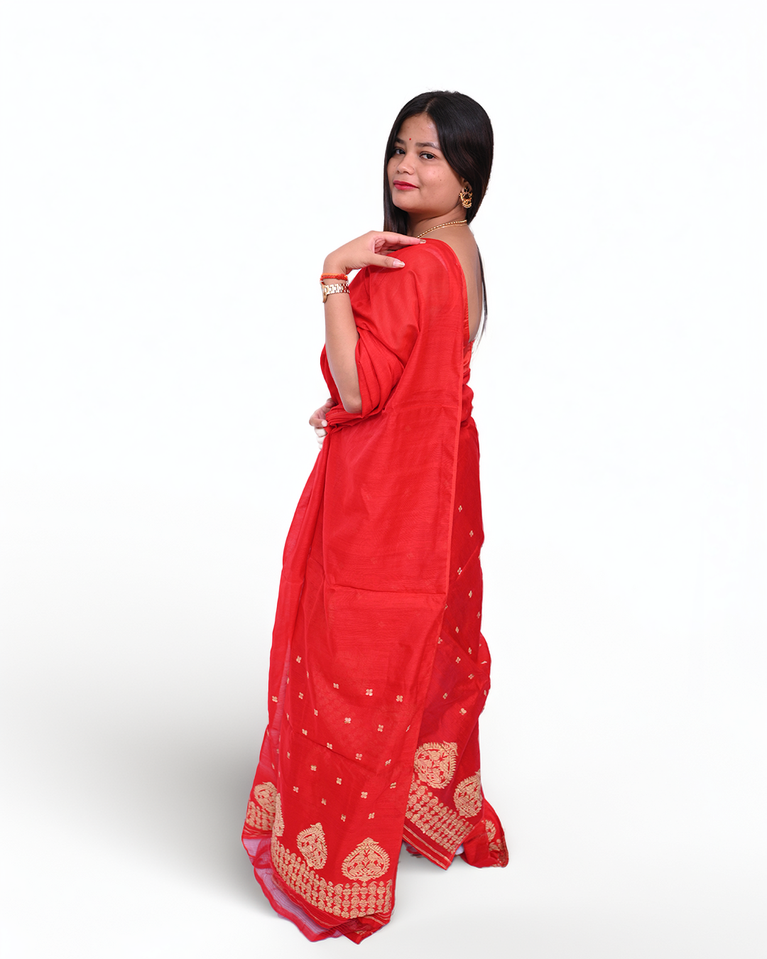 Handcrafted Dark Red Staple Cotton Mekhela Sador with Unstitched Blouse Piece