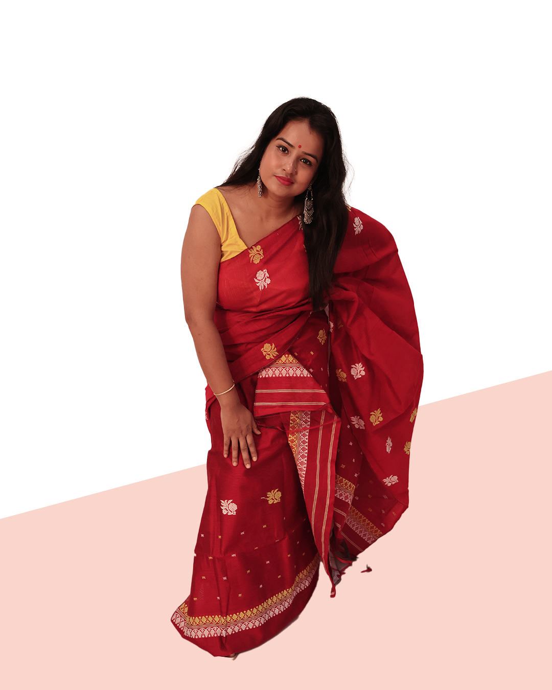 Handwoven Deep Red Staple Cotton Mekhela Sador – Ready-to-Wear Edition with Unstitched Blouse Piece