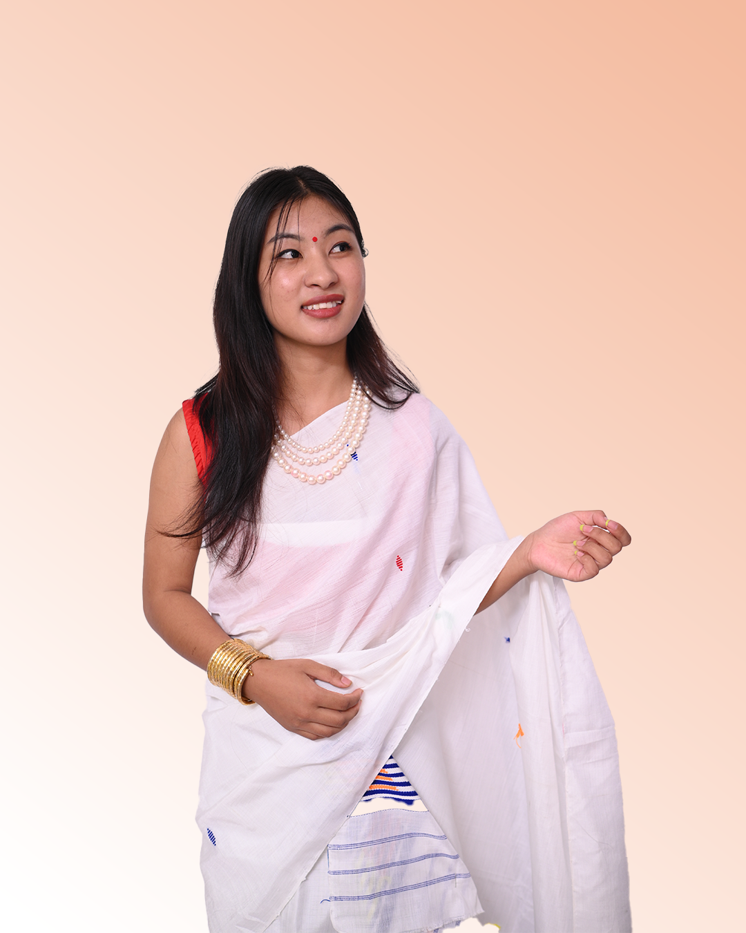 Handcrafted Ivory White Dhulai Pat Mising Mekhela Sador – Ready-to-Wear Edition withUnstitched Blouse Piece