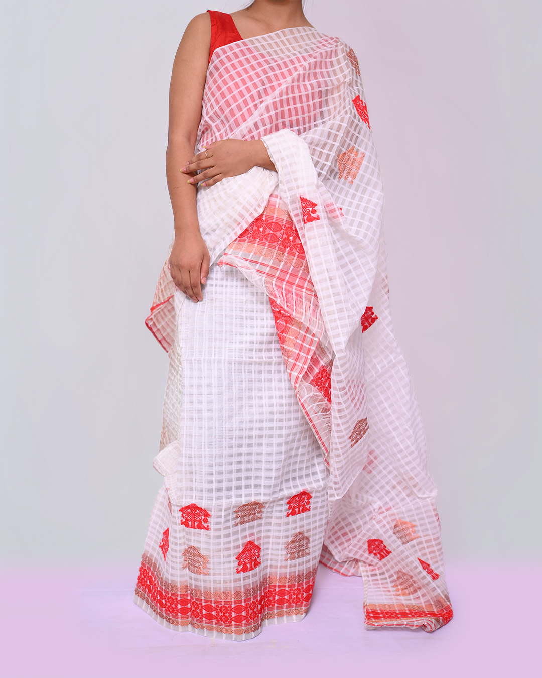 Handcrafted Off-White Checkered Pattern Kesapat Cotton Mekhela Sador with Unstitched Blouse Piece